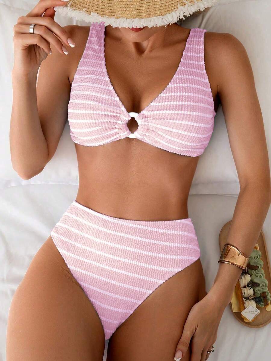Women's 2-Piece Striped Bikini Set - V-Neck, High Waist, Knot Detail, Multicolor