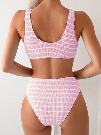 Women's 2-Piece Striped Bikini Set - V-Neck, High Waist, Knot Detail, Multicolor