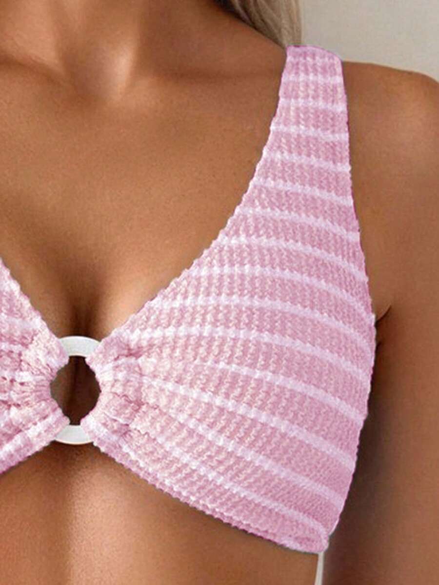 Women's 2-Piece Striped Bikini Set - V-Neck, High Waist, Knot Detail, Multicolor