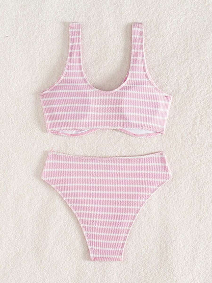 Women's 2-Piece Striped Bikini Set - V-Neck, High Waist, Knot Detail, Multicolor
