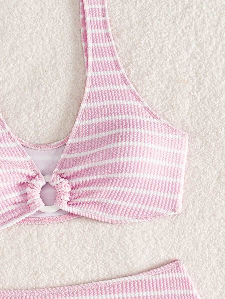Women's 2-Piece Striped Bikini Set - V-Neck, High Waist, Knot Detail, Multicolor