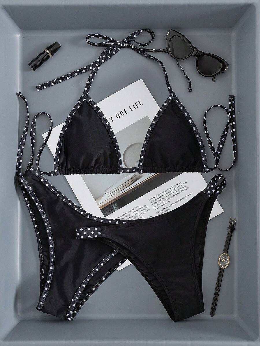 Swim Vcay Women's Swimwear Set, Fashionable Polka Dot Print Trim, Backless, Spaghetti Straps, Tie Waist, Triangle Swim Bottoms, Beach, Casual
