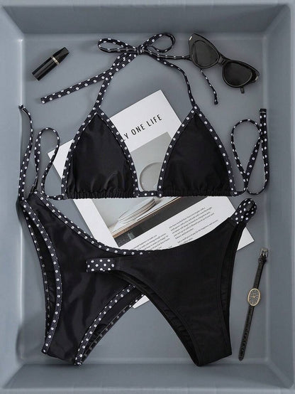 Swim Vcay Women's Swimwear Set, Fashionable Polka Dot Print Trim, Backless, Spaghetti Straps, Tie Waist, Triangle Swim Bottoms, Beach, Casual