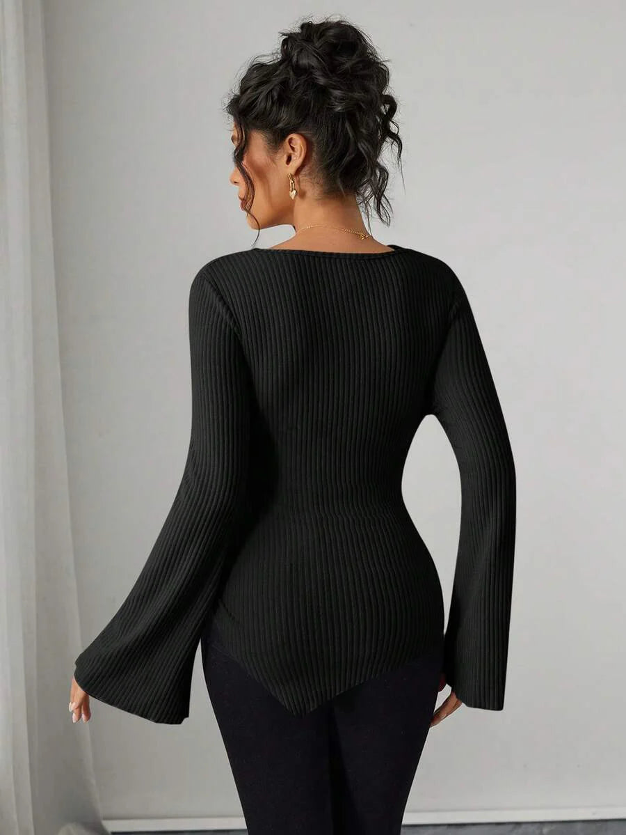 Asymmetrical Neckline Long Sleeve Maternity T-Shirt - Lettuce Hem Ruffle Autumn Winter Top
