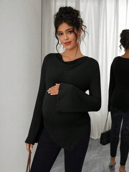 Asymmetrical Neckline Long Sleeve Maternity T-Shirt - Lettuce Hem Ruffle Autumn Winter Top