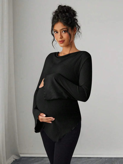 Asymmetrical Neckline Long Sleeve Maternity T-Shirt - Lettuce Hem Ruffle Autumn Winter Top