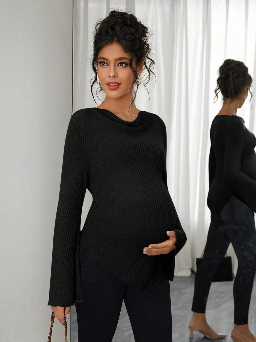 Asymmetrical Neckline Long Sleeve Maternity T-Shirt - Lettuce Hem Ruffle Autumn Winter Top