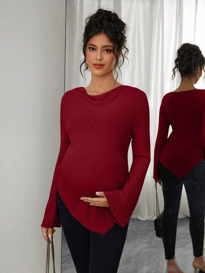 Asymmetrical Neckline Long Sleeve Maternity T-Shirt - Lettuce Hem Ruffle Autumn Winter Top