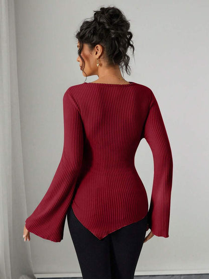 Asymmetrical Neckline Long Sleeve Maternity T-Shirt - Lettuce Hem Ruffle Autumn Winter Top