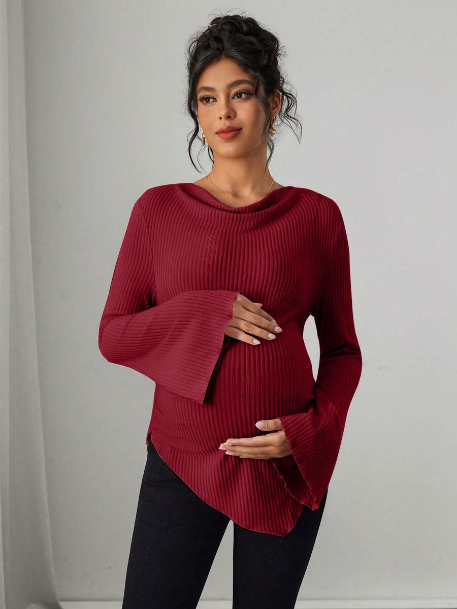Asymmetrical Neckline Long Sleeve Maternity T-Shirt - Lettuce Hem Ruffle Autumn Winter Top