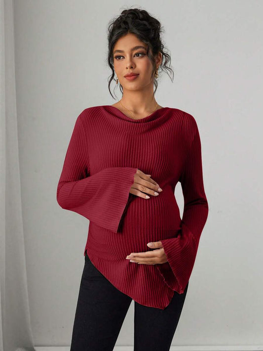 Asymmetrical Neckline Long Sleeve Maternity T-Shirt - Lettuce Hem Ruffle Autumn Winter Top