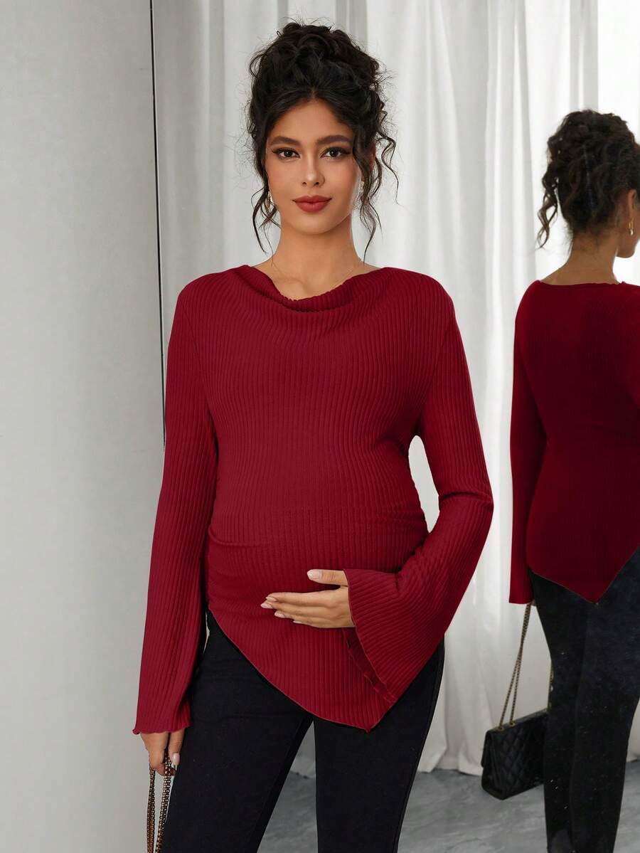Asymmetrical Neckline Long Sleeve Maternity T-Shirt - Lettuce Hem Ruffle Autumn Winter Top