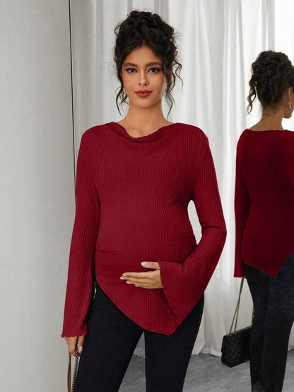Asymmetrical Neckline Long Sleeve Maternity T-Shirt - Lettuce Hem Ruffle Autumn Winter Top