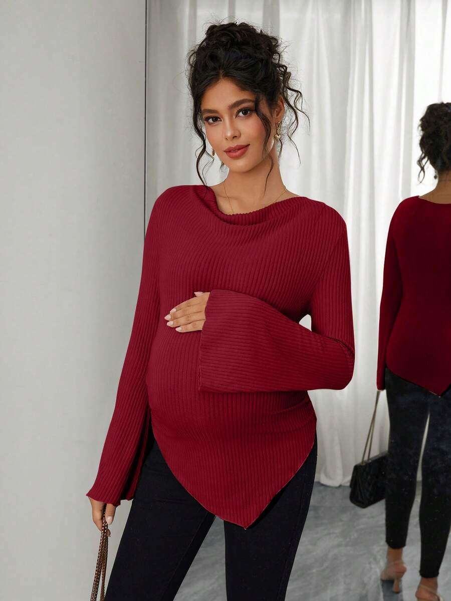 Asymmetrical Neckline Long Sleeve Maternity T-Shirt - Lettuce Hem Ruffle Autumn Winter Top