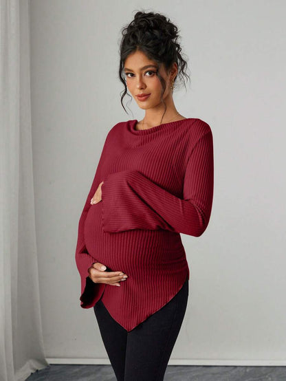 Asymmetrical Neckline Long Sleeve Maternity T-Shirt - Lettuce Hem Ruffle Autumn Winter Top