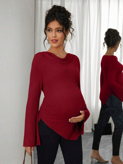 Asymmetrical Neckline Long Sleeve Maternity T-Shirt - Lettuce Hem Ruffle Autumn Winter Top