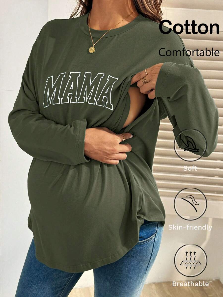 Black Cotton Mama Letter Nursing Sweatshirt Loose Fit Round Neck Long Sleeve Breastfeeding Top for New Moms Casual Maternity Streetwear