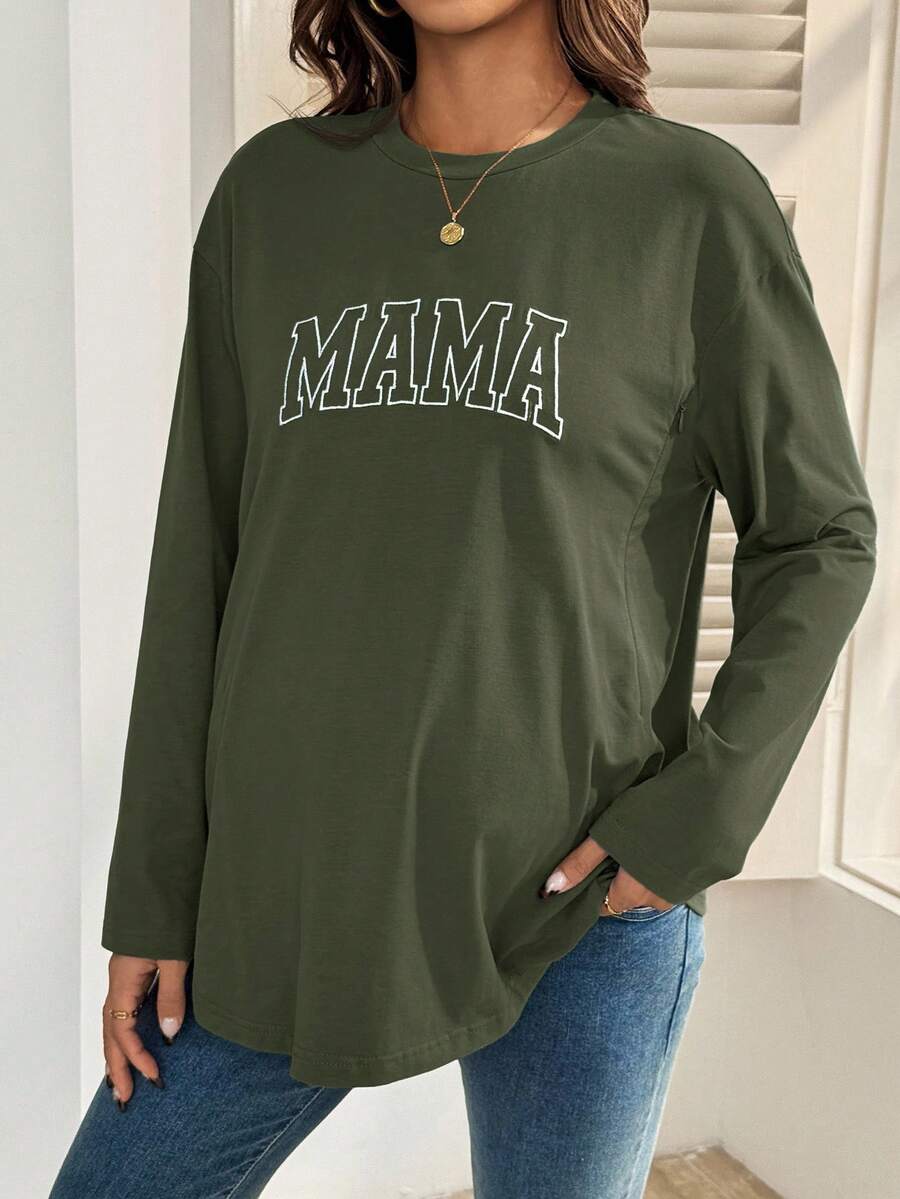 Black Cotton Mama Letter Nursing Sweatshirt Loose Fit Round Neck Long Sleeve Breastfeeding Top for New Moms Casual Maternity Streetwear