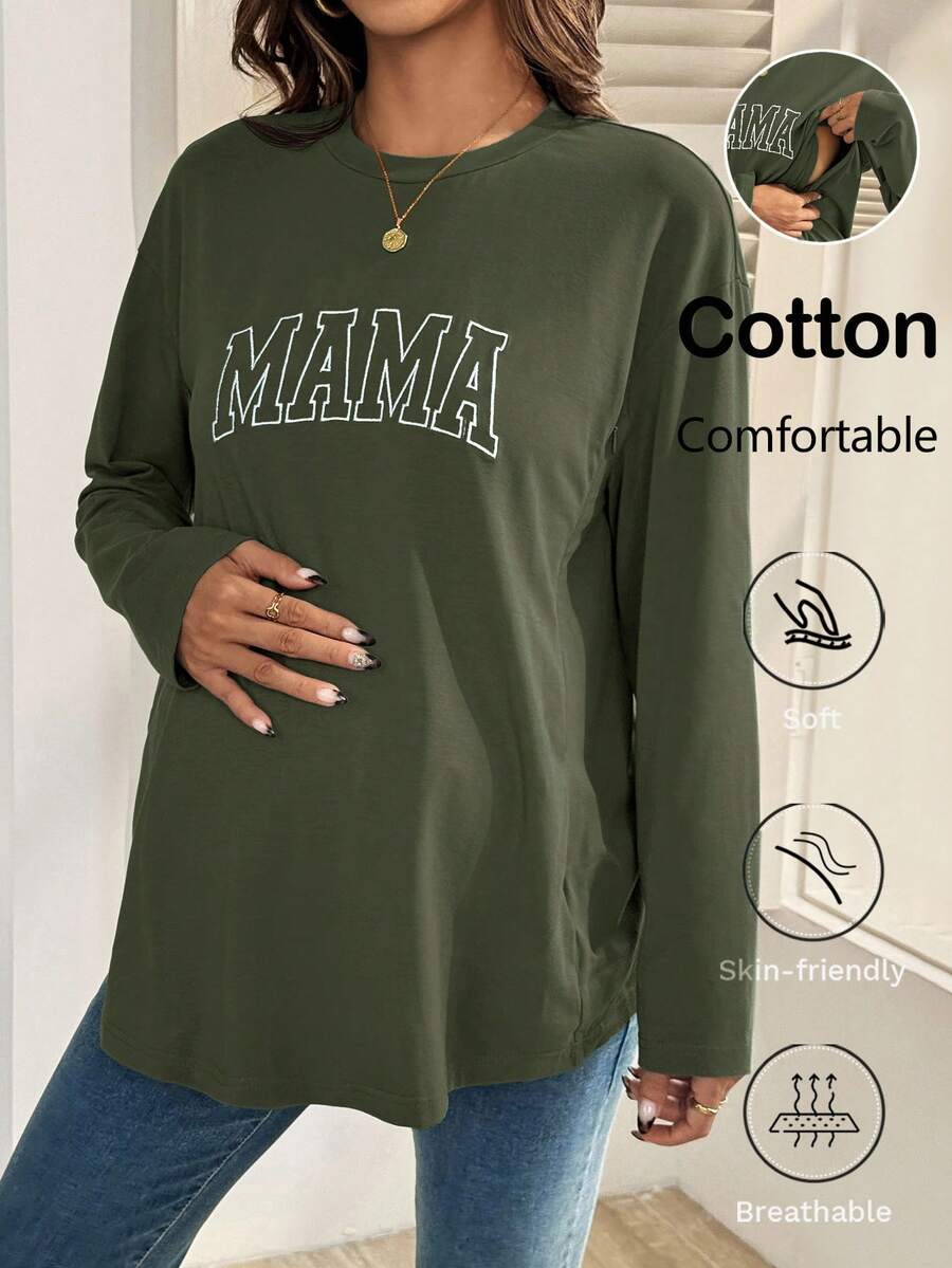 Black Cotton Mama Letter Nursing Sweatshirt Loose Fit Round Neck Long Sleeve Breastfeeding Top for New Moms Casual Maternity Streetwear
