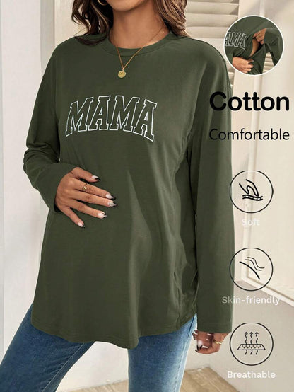 Black Cotton Mama Letter Nursing Sweatshirt Loose Fit Round Neck Long Sleeve Breastfeeding Top for New Moms Casual Maternity Streetwear