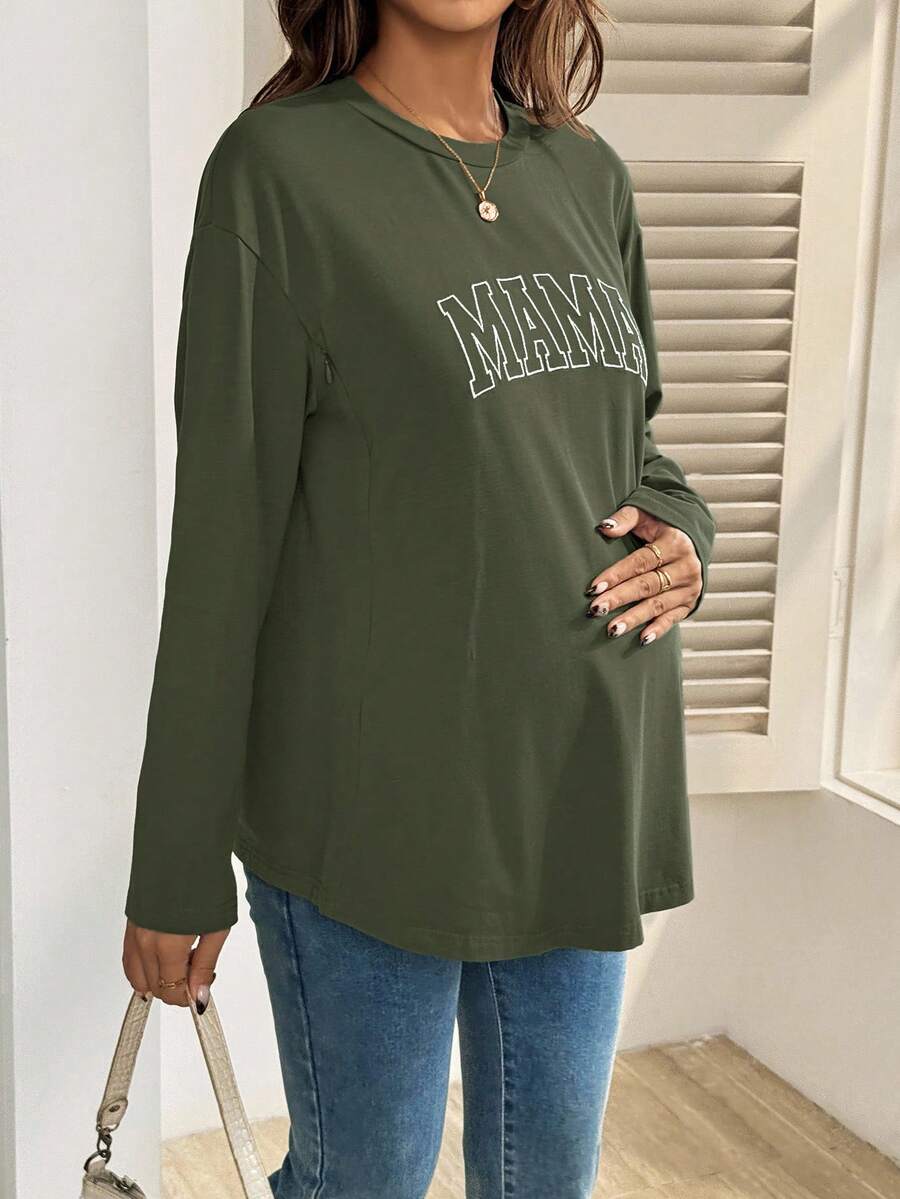 Black Cotton Mama Letter Nursing Sweatshirt Loose Fit Round Neck Long Sleeve Breastfeeding Top for New Moms Casual Maternity Streetwear
