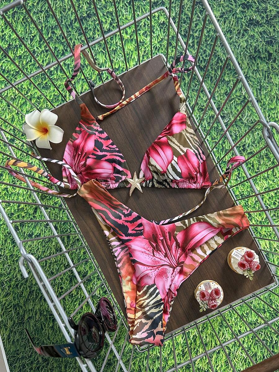 Swim Vcay Women's Solid Color Spaghetti Strap Metal Decor Sexy Bikini Set, Summer
