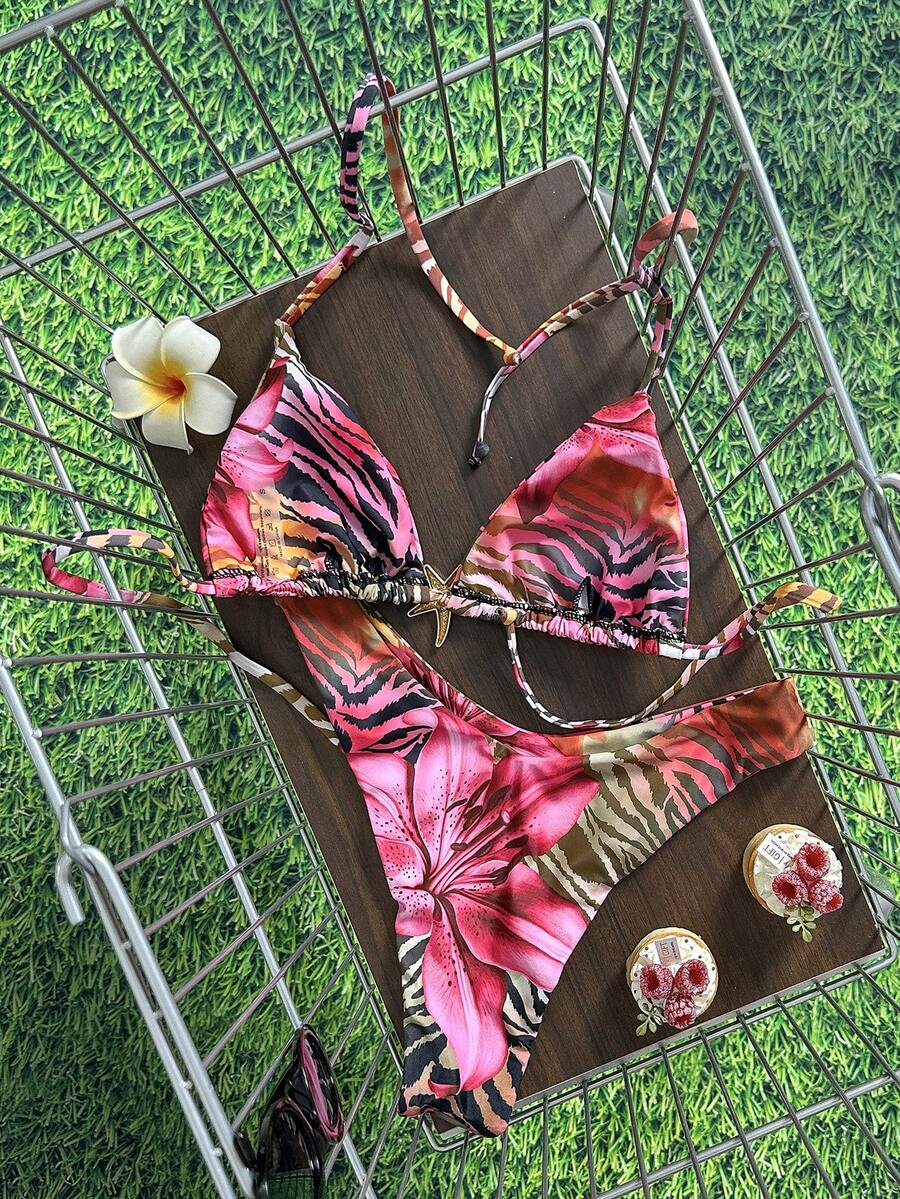 Swim Vcay Women's Solid Color Spaghetti Strap Metal Decor Sexy Bikini Set, Summer