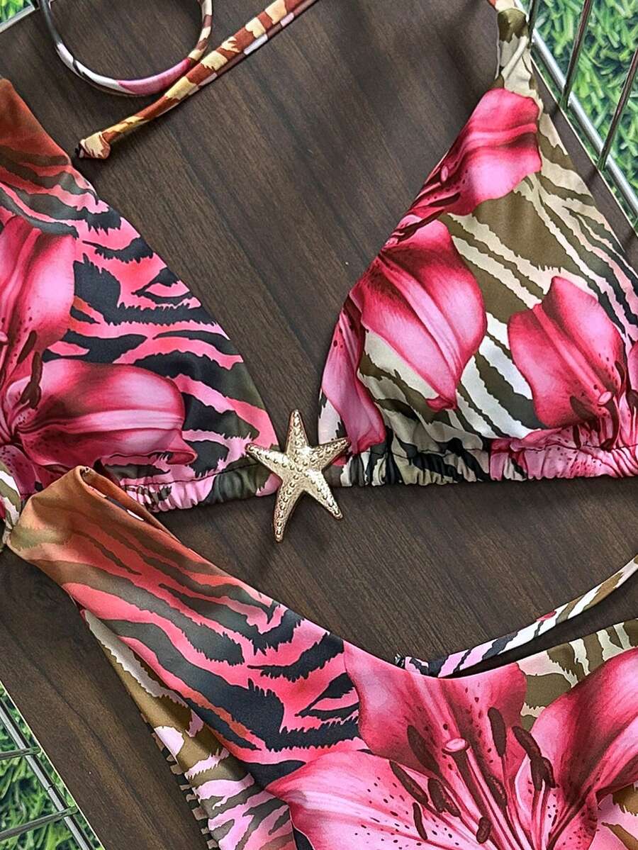 Swim Vcay Women's Solid Color Spaghetti Strap Metal Decor Sexy Bikini Set, Summer
