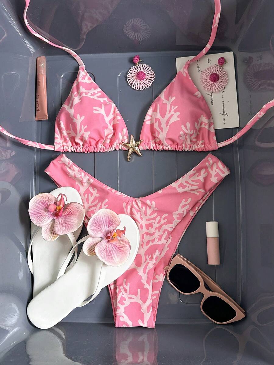 Swim Vcay Women's Solid Color Spaghetti Strap Metal Decor Sexy Bikini Set, Summer