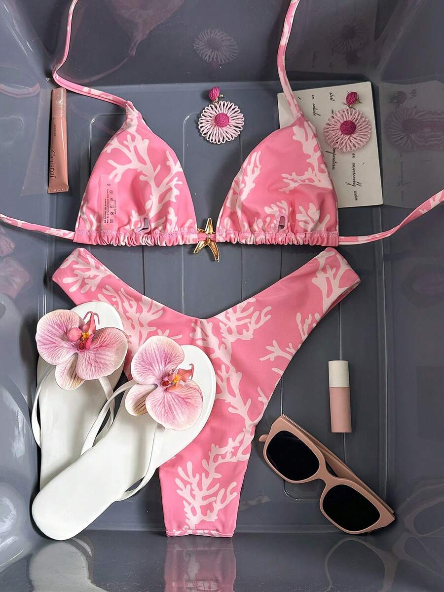 Swim Vcay Women's Solid Color Spaghetti Strap Metal Decor Sexy Bikini Set, Summer