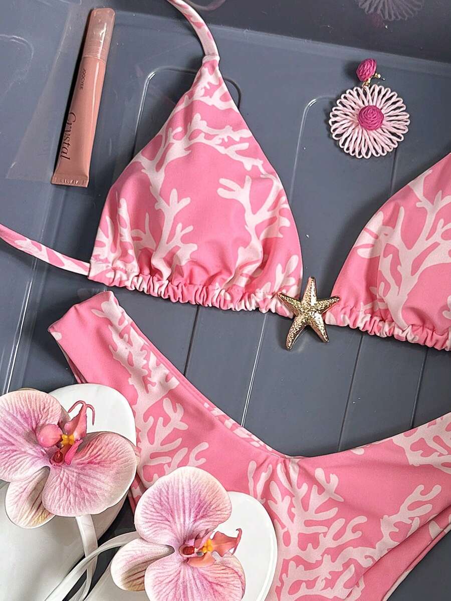 Swim Vcay Women's Solid Color Spaghetti Strap Metal Decor Sexy Bikini Set, Summer