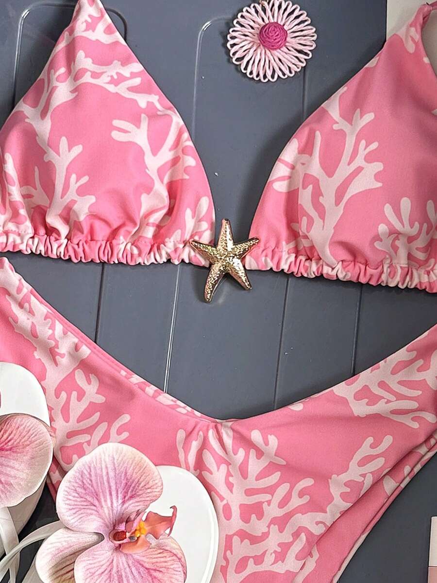 Swim Vcay Women's Solid Color Spaghetti Strap Metal Decor Sexy Bikini Set, Summer