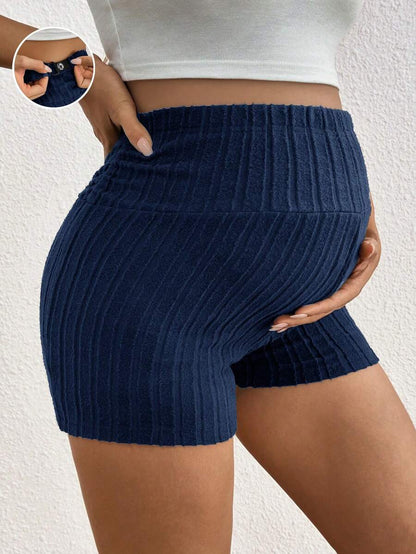 Black Rib-Knit Maternity Shorts - Ultra High Waist Elastic Comfort Pregnancy Shorts for Daily Wear with Button Detail