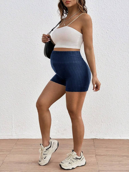 Maternity Adjustable Ultra High Waist Ribbed Shorts - Solid Color Elastic Waist Casual Mini Track Shorts