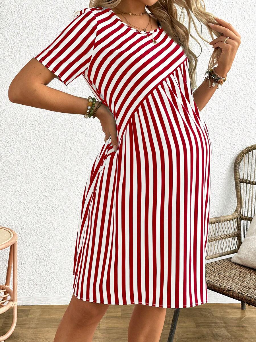 Maternity Striped Round Neck Short Sleeve A-Line Dress Casual Red and White Short Maternity Dress with Button Details