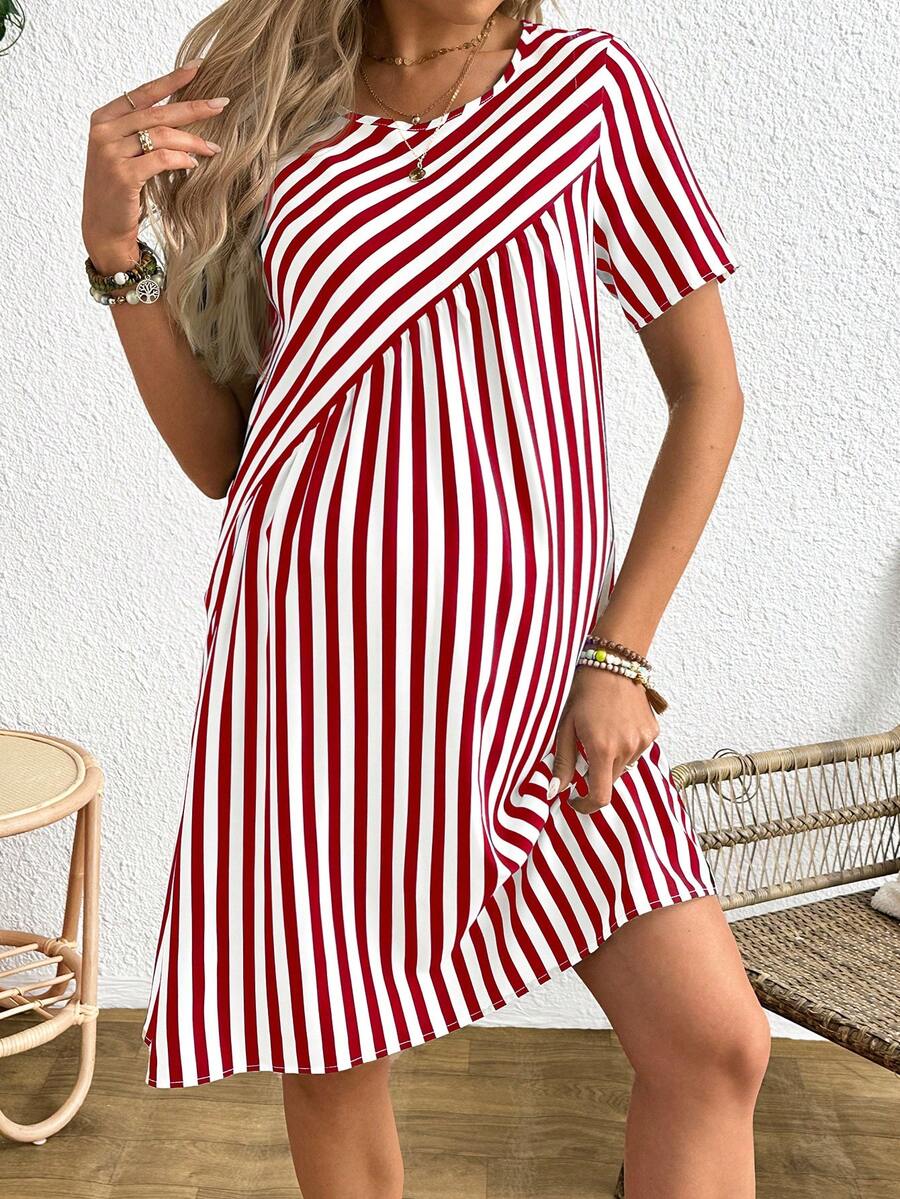 Maternity Striped Round Neck Short Sleeve A-Line Dress Casual Red and White Short Maternity Dress with Button Details