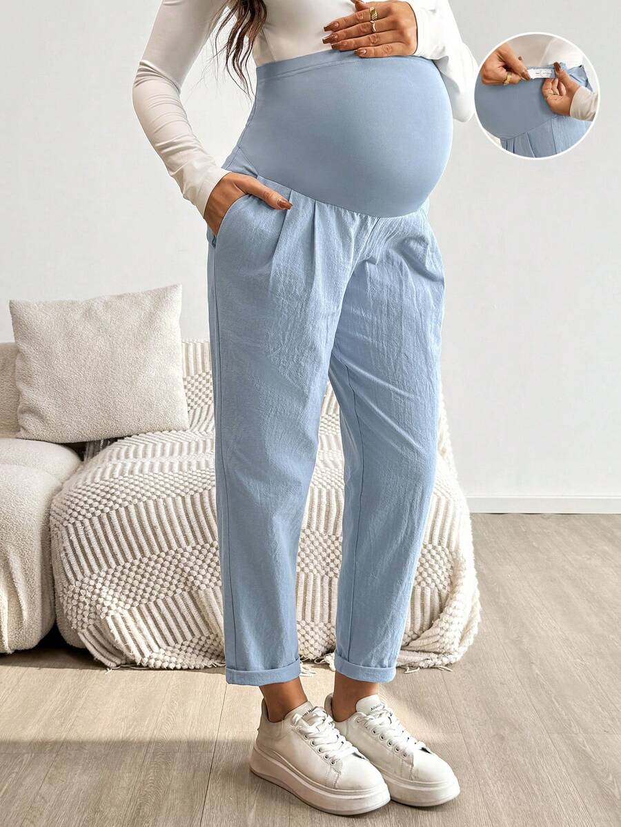 Maternity Tapered Pants - Adjustable Ultra High Waist, Apricot, Daily Commute