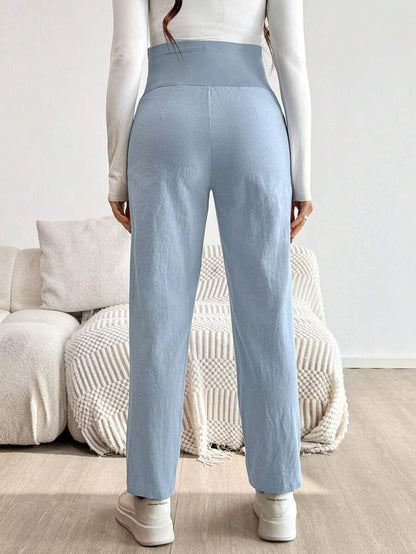 Pink Ultra High Waist Pleated Maternity Pants – 100% Cotton Tapered Trousers with Elastic Waist and Pockets for Casual & Semi-Formal Wear