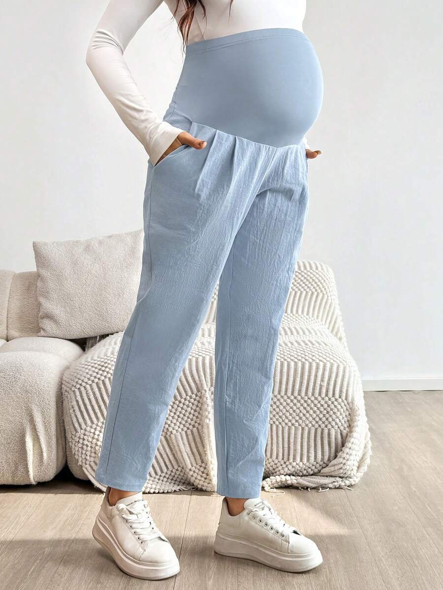 Maternity Tapered Pants - Adjustable Ultra High Waist, Cotton, Green
