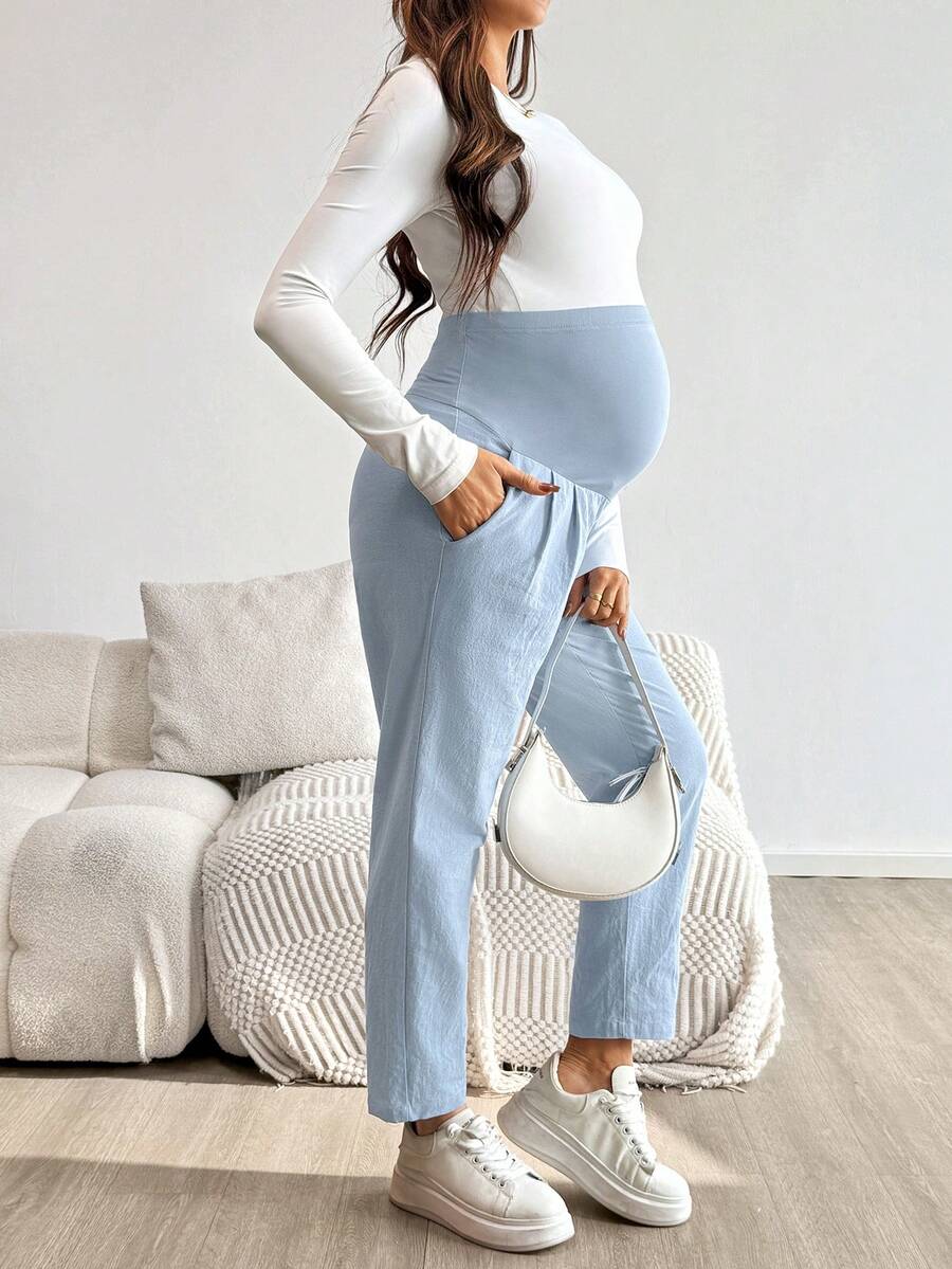 Pink Ultra High Waist Pleated Maternity Pants – 100% Cotton Tapered Trousers with Elastic Waist and Pockets for Casual & Semi-Formal Wear