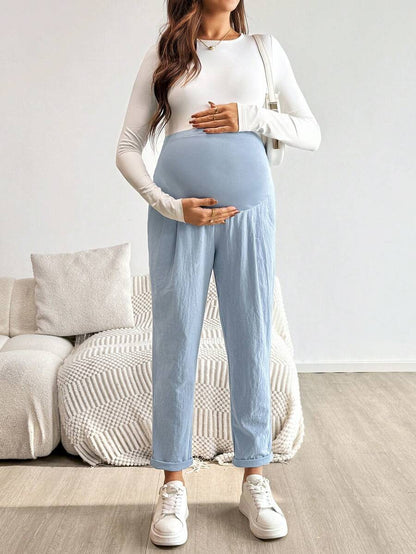 Maternity Tapered Pants - Adjustable Ultra High Waist, Cotton, Black