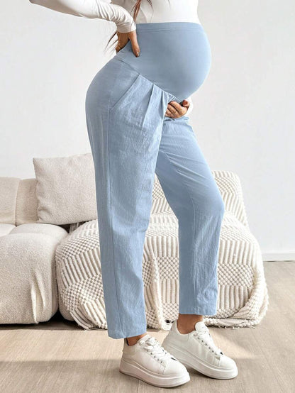 Pink Ultra High Waist Pleated Maternity Pants – 100% Cotton Tapered Trousers with Elastic Waist and Pockets for Casual & Semi-Formal Wear
