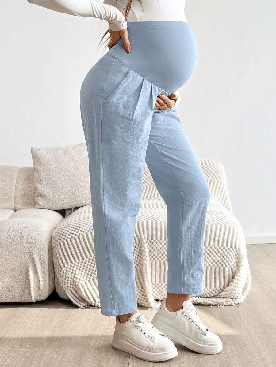 Maternity Tapered Pants - Adjustable Ultra High Waist, Cotton, Green