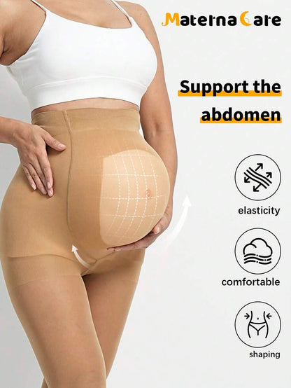 Maternity Semi-Transparent Skin-Tone Pregnancy Pants with Belly Support, Soft Apricot High-Waist Trousers for Postpartum and Vacation