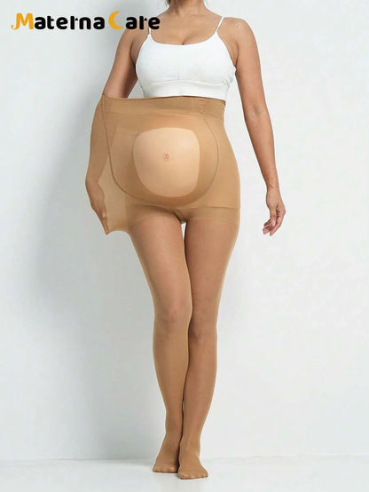 Maternity Semi-Transparent Skin-Tone Pregnancy Pants with Belly Support, Soft Apricot High-Waist Trousers for Postpartum and Vacation