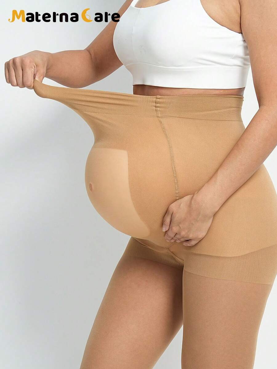Maternity Semi-Transparent Skin-Tone Pregnancy Pants with Belly Support, Soft Apricot High-Waist Trousers for Postpartum and Vacation