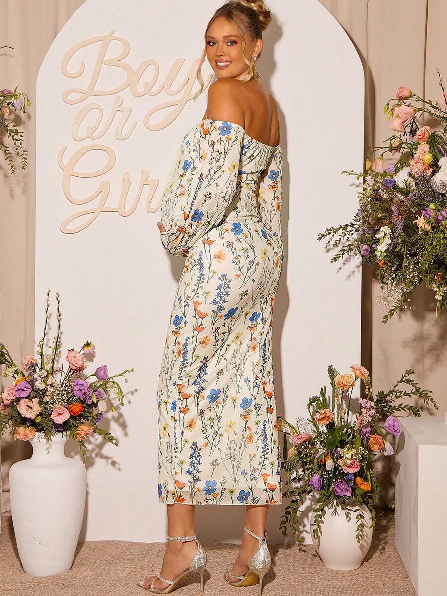 Floral Print Maternity Off Shoulder Fitted Long Sleeve Dress - Elegant Mermaid Pregnancy Gown for Baby Shower and Maternity Photoshoot