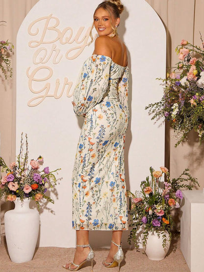 Floral Maternity Dress Off Shoulder Long Sleeve Fitted Midi Gown for Baby Shower Gender Reveal and Autumn Pregnancy Photoshoot Pink