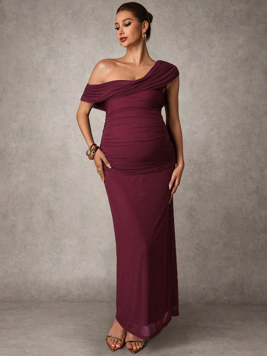 Elegant Solid Color Ruched Asymmetric Neck Slit Maternity Dress, Summer
