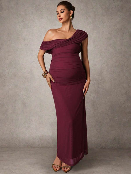Elegant Solid Color Ruched Asymmetric Neck Slit Maternity Dress, Summer